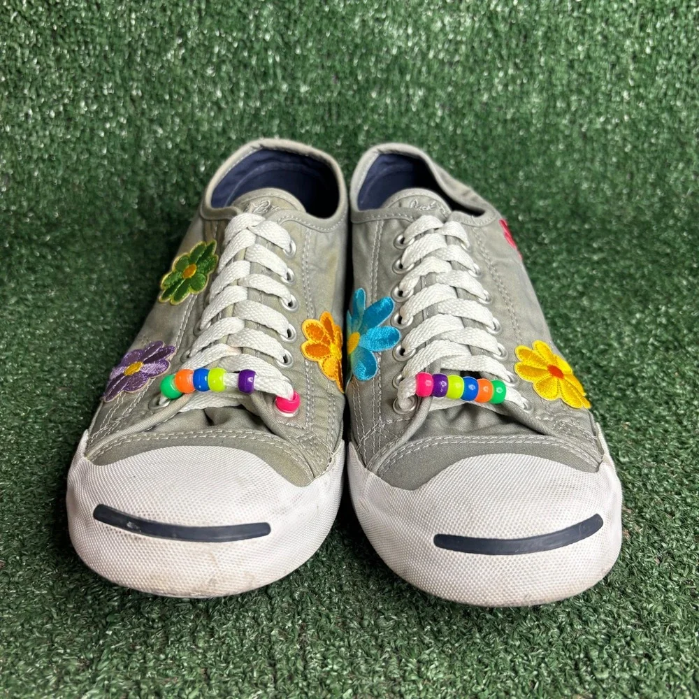 Converse Jack Purcell Floral Embroidered Beaded Hippie Sneakers Grey Womens 10.5